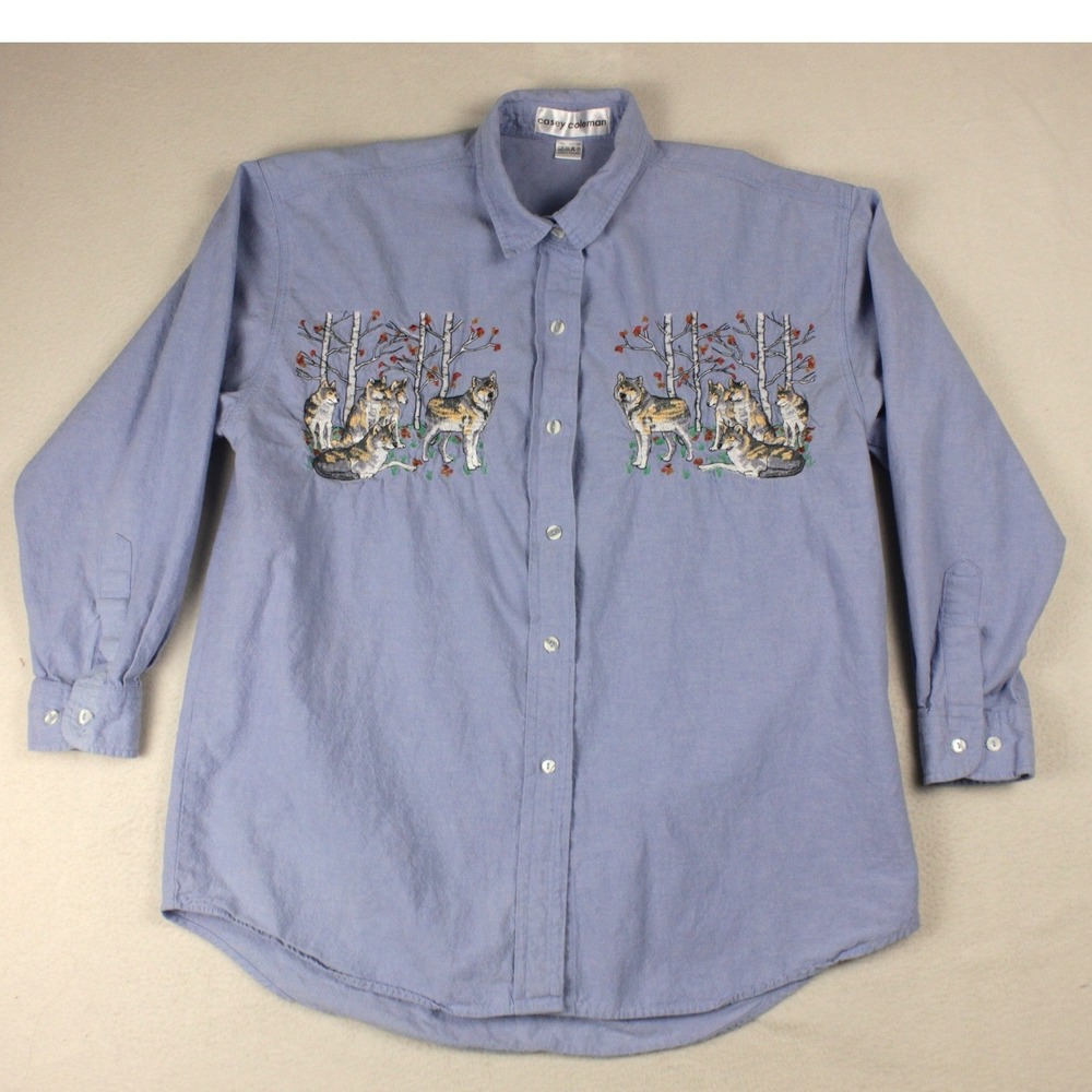 Vintage Wolf Embroidered Shirt Womens Large Blue Cottagecore Woodland 90s